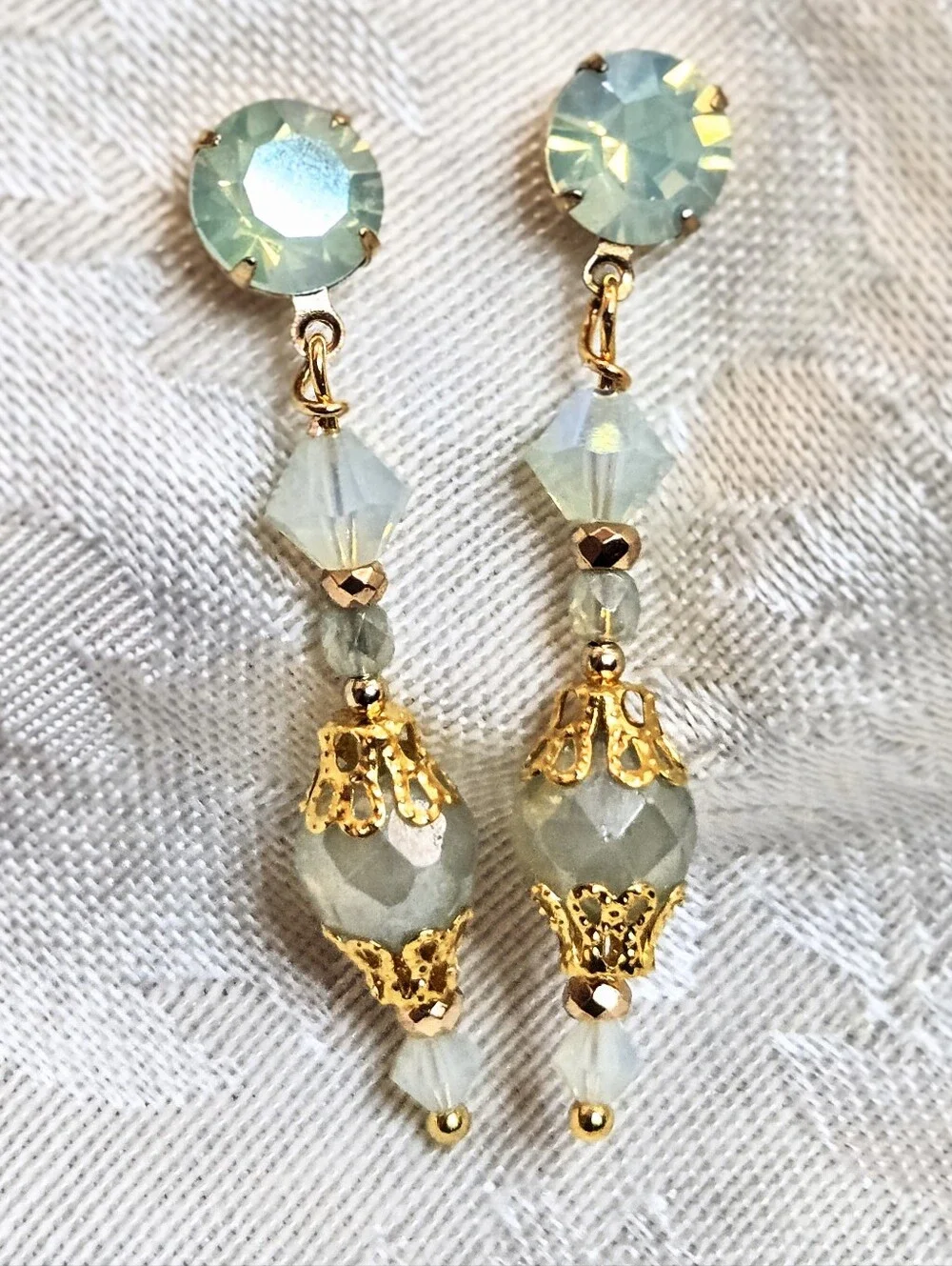 Victorian Delicate & Dainty Eucalyptus Green Opal Swarovski & Glass GP Earrings